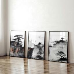 Rackhams Living Room Wall Decoration - Set of 3 Asian Inspired Wall art Prints - 20 x 30 in / 50 x 76 cm - Matte Museum Quality Art Paper 290 gsm - Oak Frame - thumbnail 4