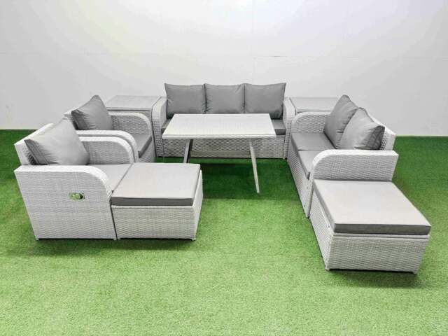 Rackhams PE Rattan Garden Furniture Set Outdoor Rectangular Dining Table Sofa Set with Reclining Chair 2 Big Stool 2 Side Tables Light Grey - image 1