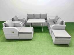Rackhams PE Rattan Garden Furniture Set Outdoor Rectangular Dining Table Sofa Set with Reclining Chair 2 Big Stool 2 Side Tables Light Grey - thumbnail 1