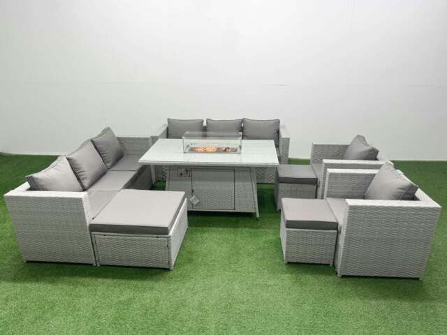 Rackhams 11 Seat PE Rattan Lounge Sofa Set Outdoor Garden Furniture Set with Fire Pit Dining Table 3 Seater Sofa 3 Footstools Light Grey - image 1