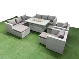 Rackhams 11 Seat PE Rattan Lounge Sofa Set Outdoor Garden Furniture Set with Fire Pit Dining Table 3 Seater Sofa 3 Footstools Light Grey - thumbnail 2