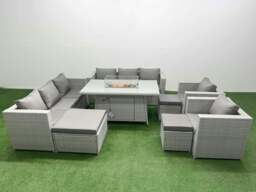 Rackhams 11 Seat PE Rattan Lounge Sofa Set Outdoor Garden Furniture Set with Fire Pit Dining Table 3 Seater Sofa 3 Footstools Light Grey - thumbnail 1