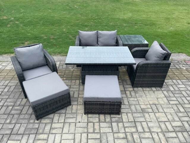 Rackhams Rattan Outdoor Furniture Garden Dining Sets Patio Height Adjustable Rising lifting Table Love Sofa Chair Set With Side Tables Stools - image 1