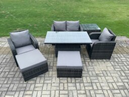 Rackhams Rattan Outdoor Furniture Garden Dining Sets Patio Height Adjustable Rising lifting Table Love Sofa Chair Set With Side Tables Stools - thumbnail 1