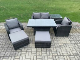 Rackhams Rattan Outdoor Furniture Garden Dining Sets Patio Height Adjustable Rising lifting Table Love Sofa Chair Set With Side Tables Stools - thumbnail 2