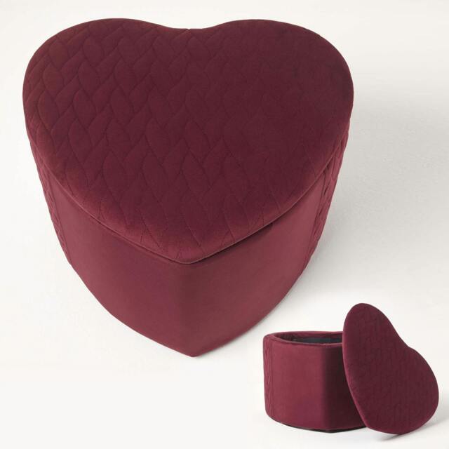 Rackhams Arundel Heart-Shaped Velvet Footstool with Storage - Red