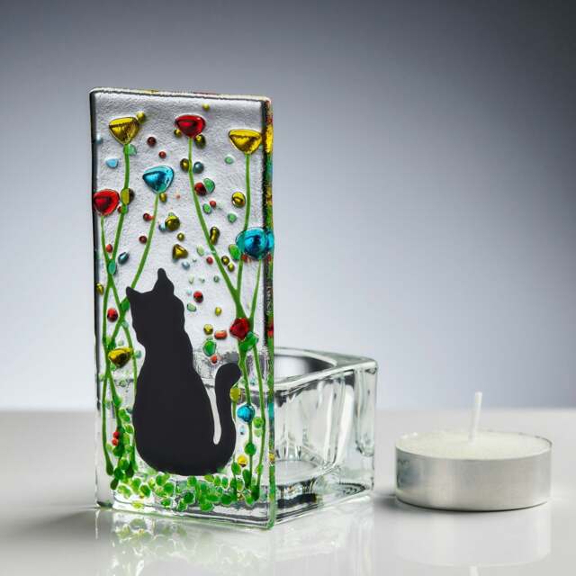 Rackhams Fused Glass Tea Light Holder – Cat & Wildflower Design (Handmade)