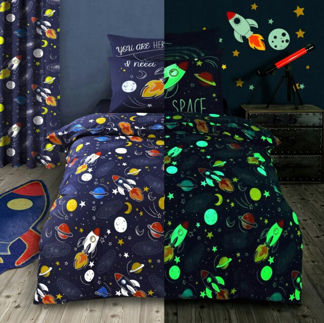 Rackhams Space Glow In Dark Printed Cotton Blend Duvet Cover and Pillowcase Set - Blue - Single