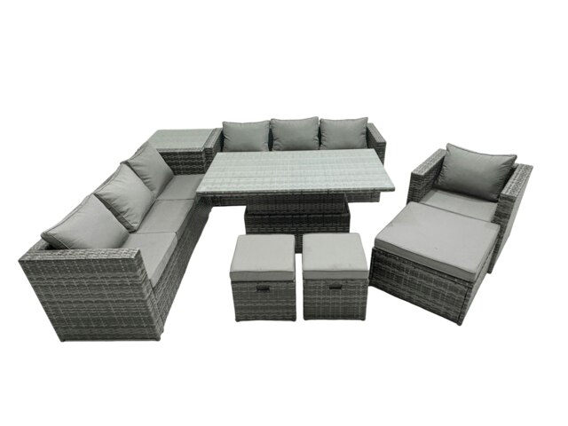 Rackhams PE Rattan Garden Furniture Set Lounge Sofa Rising Dining Table Set with Side Table 3 Footstool Dark Grey Mixed - image 1