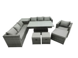Rackhams PE Rattan Garden Furniture Set Lounge Sofa Rising Dining Table Set with Side Table 3 Footstool Dark Grey Mixed - thumbnail 2