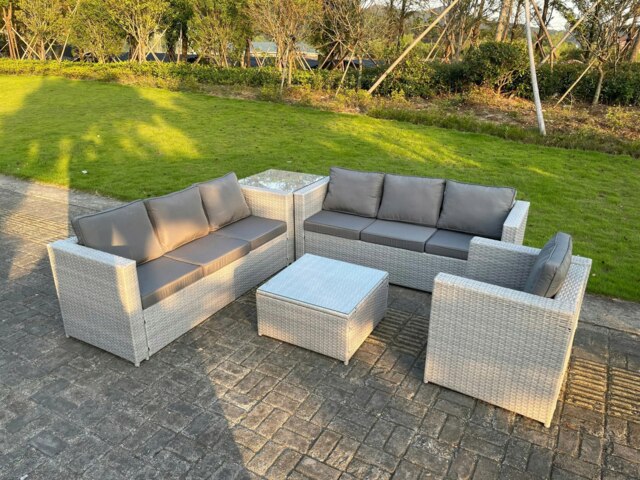Rackhams Light Grey Rattan Garden Outdoor Lounge Sofa Set Chair Sofa Side Table Square Coffee Table 7 Seater - image 1