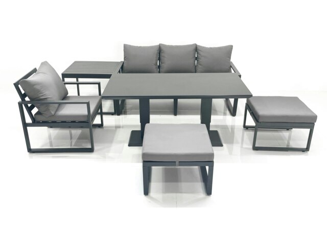 Rackhams 6 Seater Garden Sofa Set Aluminium Furniture Rising Dining Tabe Set with Chair 2 Big Footstool Side Table Dark Grey - image 1
