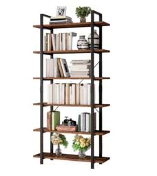 Rackhams Tall 6-Tier Bookcase 210cm Vintage Brown & Black Freestanding Bookshelf for Living Room & Office