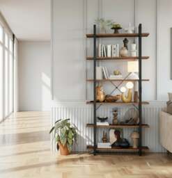 Rackhams Tall 6-Tier Bookcase 210cm Vintage Brown & Black Freestanding Bookshelf for Living Room & Office - thumbnail 2