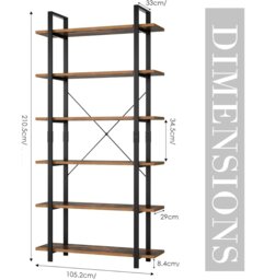 Rackhams Tall 6-Tier Bookcase 210cm Vintage Brown & Black Freestanding Bookshelf for Living Room & Office - thumbnail 4