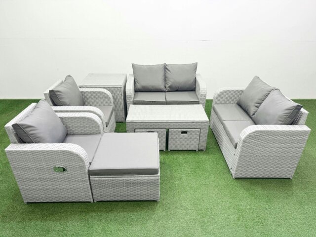 Rackhams 9 Seater Outdoor Reclining Chair Love Sofa Set Rattan Garden Furniture Set with Oblong Coffee Table 3 Stools Side Table Light Grey - image 1
