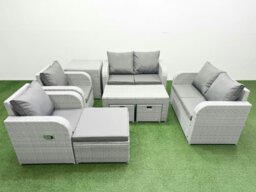 Rackhams 9 Seater Outdoor Reclining Chair Love Sofa Set Rattan Garden Furniture Set with Oblong Coffee Table 3 Stools Side Table Light Grey - thumbnail 1