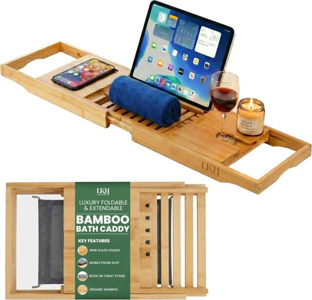 Rackhams HOME COLLECTION LKH Expandable Bamboo Bath Tray Caddy - Bathtub Rack with Wine Glass Holder, Mobile, Tablet & Book Stand - Retractable & Foldable - 105 x 22 x 5 cm - Natural Woods - image 1