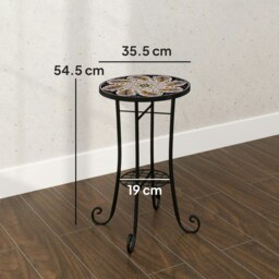Rackhams 35.5cm Round Mosaic Garden Side Table Plant Stand w/ Shelf, Orange - Blue - Metal, Ceramic Tile - Φ35.5 x 54.5H cm - thumbnail 6