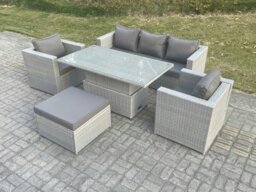 Rackhams Rattan Garden Funiture Set Adjustable Rising Lifting Table Sofa Dining Set With 2 Arm Chair Big Footstool - thumbnail 2