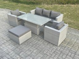 Rackhams Rattan Garden Funiture Set Adjustable Rising Lifting Table Sofa Dining Set With 2 Arm Chair Big Footstool - thumbnail 1