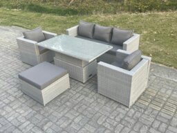 Rackhams Rattan Garden Funiture Set Adjustable Rising Lifting Table Sofa Dining Set With 2 Arm Chair Big Footstool - thumbnail 3