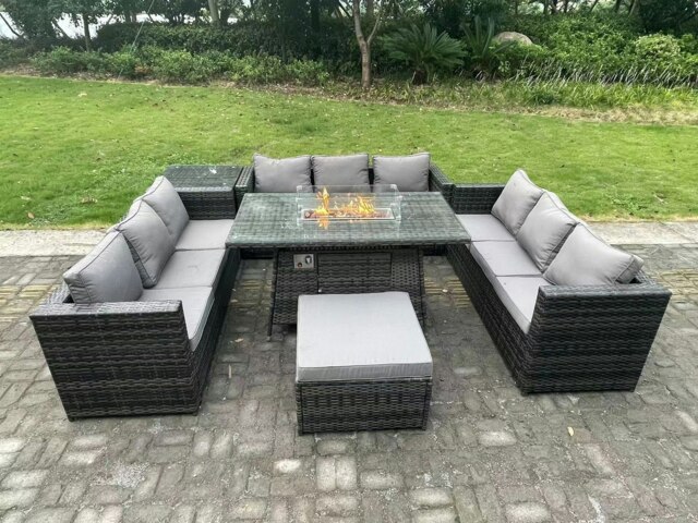 Rackhams 10-Seater Rattan Outdoor Gas Fire Pit Dining Set - Sofa, Side Table, Footstool - Dark Grey - image 1
