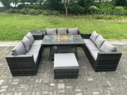 Rackhams 10-Seater Rattan Outdoor Gas Fire Pit Dining Set - Sofa, Side Table, Footstool - Dark Grey - thumbnail 1