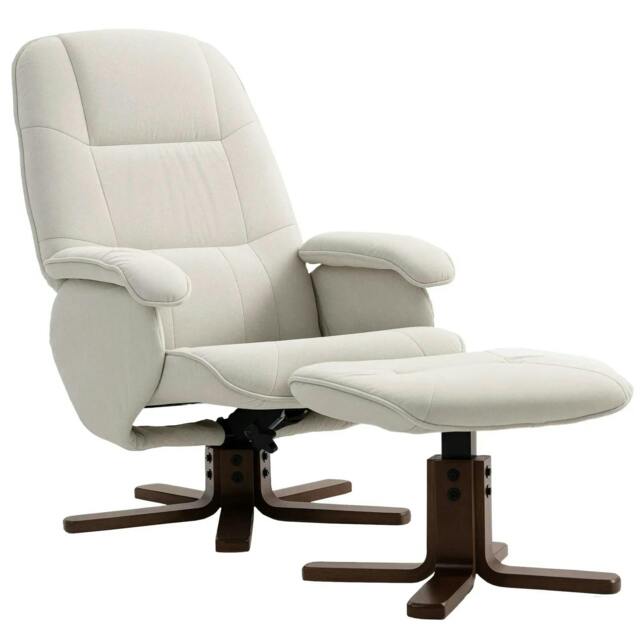 Rackhams Linen Swivel Recliner Chair with Footstool, Upholstered Reclining Armchair with Wooden Base for Living Room, Beige
