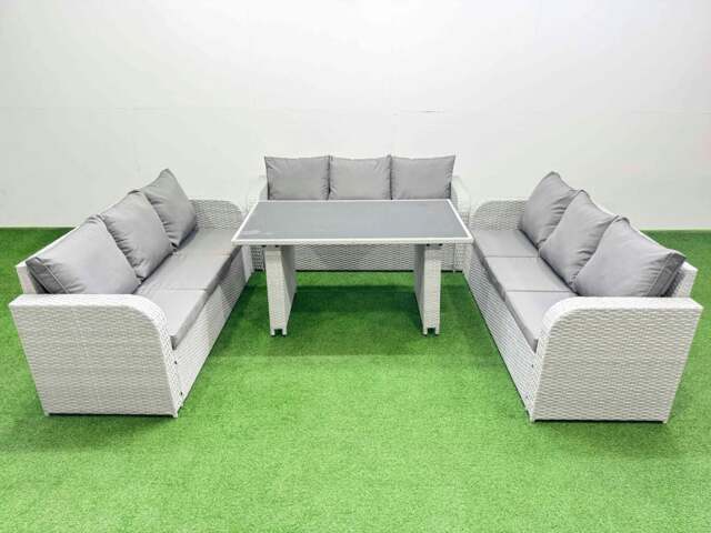Rackhams Patio Garden Furniture Sets with Black Glass Top Dining Table 3 Seater Sofa Light Grey - image 1