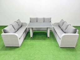 Rackhams Patio Garden Furniture Sets with Black Glass Top Dining Table 3 Seater Sofa Light Grey