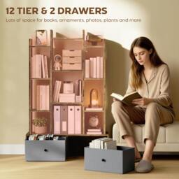 Rackhams 12-Tier Bookshelf, Bookcase w/ 2 Folding Drawer, Rustic Brown - 80W x 24D x 124H cm - Rustic Brown - 1 - thumbnail 4
