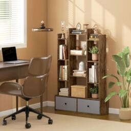 Rackhams 12-Tier Bookshelf, Bookcase w/ 2 Folding Drawer, Rustic Brown - 80W x 24D x 124H cm - Rustic Brown - 1 - thumbnail 1