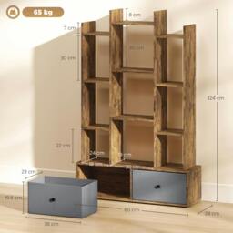 Rackhams 12-Tier Bookshelf, Bookcase w/ 2 Folding Drawer, Rustic Brown - 80W x 24D x 124H cm - Rustic Brown - 1 - thumbnail 3