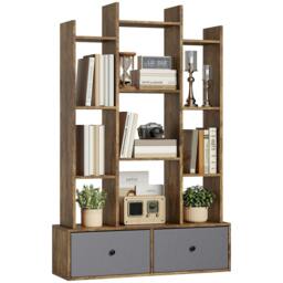 Rackhams 12-Tier Bookshelf, Bookcase w/ 2 Folding Drawer, Rustic Brown - 80W x 24D x 124H cm - Rustic Brown - 1 - thumbnail 2