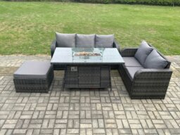 Rackhams PE Wicker Outdoor Rattan Garden Furniture Set Propane Gas Fire Pit Table and Sofa set with Big Footstool - thumbnail 2