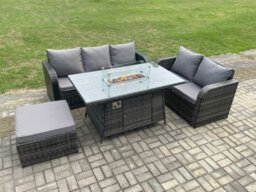 Rackhams PE Wicker Outdoor Rattan Garden Furniture Set Propane Gas Fire Pit Table and Sofa set with Big Footstool - thumbnail 1