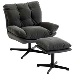 Rackhams Accent Chair with Footstool, Modern Swivel Lounge Chair, Dark Grey - Contemporary - 2 - Chenille (Polyester), PU Leather, Metal, Foam, Multilayer Board - thumbnail 2
