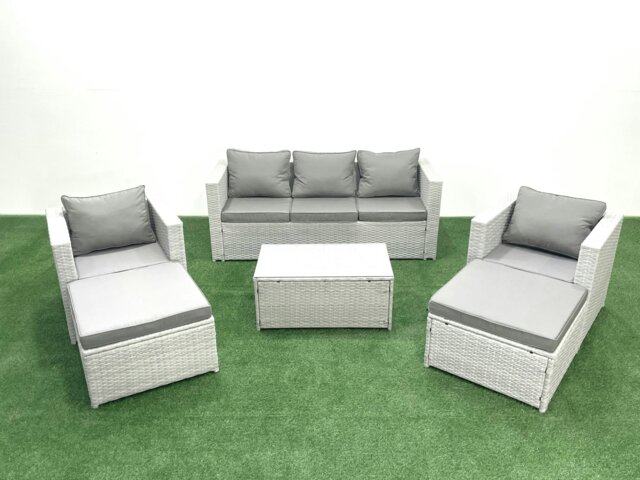 Rackhams 7 Seater Rattan Garden Furniture Set with 3 Seater Sofa 2 Chair Rectangular Coffee Table 2 Big Footstools Light Grey Mixed - image 1