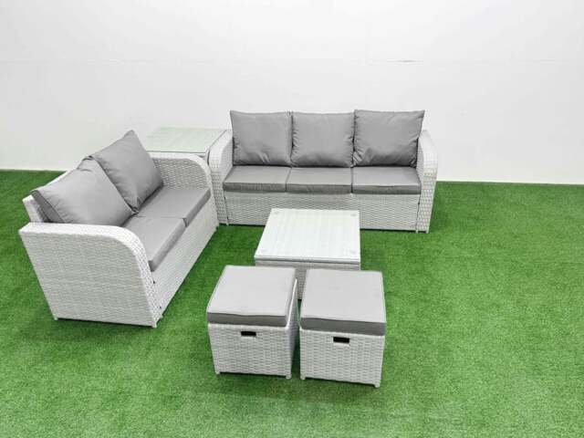 Rackhams 7 Seater PE Rattan Wicker Garden Furniture Patio Conservatory Sofa Set with Square Coffee Table 3 Seater Sofa Love Sofa 2 Stools Side Table - image 1