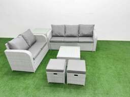 Rackhams 7 Seater PE Rattan Wicker Garden Furniture Patio Conservatory Sofa Set with Square Coffee Table 3 Seater Sofa Love Sofa 2 Stools Side Table - thumbnail 1