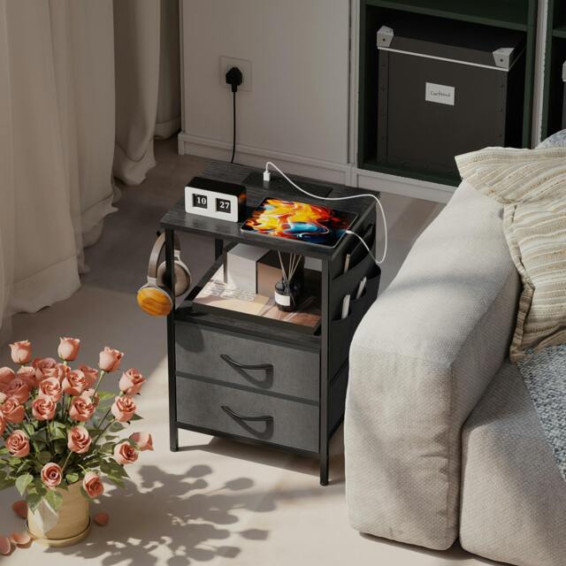 Rackhams Slim Side Table with Charging Station, Bedside Table - Black - Bedside Table - 40 x 30 cm - image 1