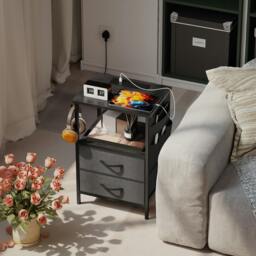 Rackhams Slim Side Table with Charging Station, Bedside Table - Black - Bedside Table - 40 x 30 cm