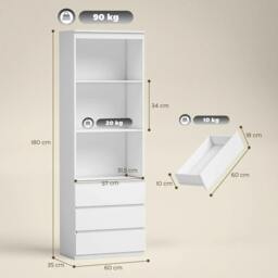 Rackhams 180cm Tall Bookcase, with Shelves and Drawers - White - thumbnail 3