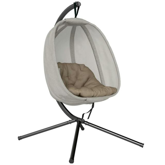 Rackhams Hanging Egg Chair, Folding Texteline Swing Hammock with Side Pocket, Cushion and Stand for Indoor Outdoor, Patio Garden Furniture, Khaki - image 1