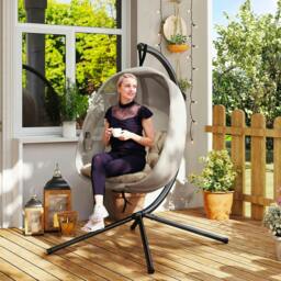 Rackhams Hanging Egg Chair, Folding Texteline Swing Hammock with Side Pocket, Cushion and Stand for Indoor Outdoor, Patio Garden Furniture, Khaki - thumbnail 2