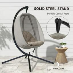 Rackhams Hanging Egg Chair, Folding Texteline Swing Hammock with Side Pocket, Cushion and Stand for Indoor Outdoor, Patio Garden Furniture, Khaki - thumbnail 6