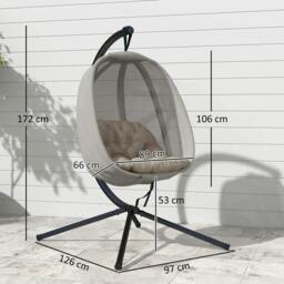 Rackhams Hanging Egg Chair, Folding Texteline Swing Hammock with Side Pocket, Cushion and Stand for Indoor Outdoor, Patio Garden Furniture, Khaki - thumbnail 3