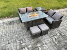 Rackhams 6 Pieces Garden Furniture Sets Poly Rattan Outdoor Patio Gas Fire Pit Dining Table Sofa Set with Side Table 2 Small Footstools - thumbnail 2