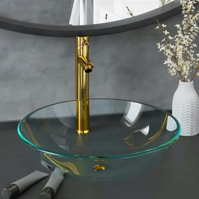 Rackhams Bathroom Sink with Tap and Push Drain Clear Tempered Glass